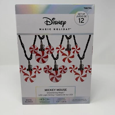 Disney Mickey Mouse Peppermint String Lights Shimmer LED 12 Count Christmas NEW - Image 1 of 3