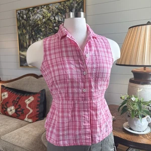 Vintage ERIKA S / M rosa kariert ärmellos Knopfleiste Baumwolle Bluse Hemd Top - Bild 1 von 8