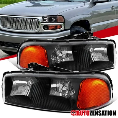 Fit 2000-2006 GMC Sierra Yukon 1500 2500 Black Headlights Lamps Left+Right 00-06 Foto 1 de 4