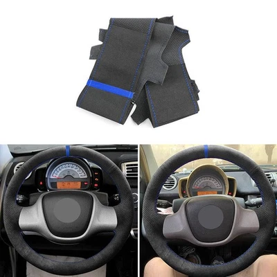 DIY Black+Blue Suede Steering Wheel Leather Cover For Smart Fortwo 451 2009-2015 Foto 1 de 4