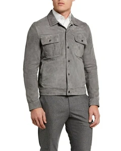 Men's Gray Real Suede Leather Shirt Premium Trucker Jacket Denim Jean Style - Picture 1 of 6
