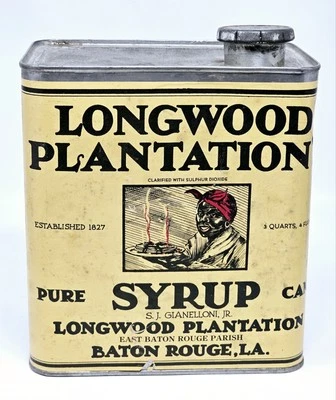 LONGWOOD PLANTATION'S Pure Cane Syrup 3 Qt Baton Rouge LA Canister VGC VTG  - Image 1 of 4