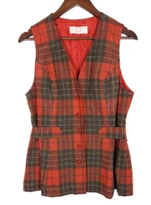 Vintage Pendelton Size 16 Orange Gray Green Plaid Button-Up Lined Wool Vest - Picture 1 of 9