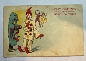 Christmas New Year Postcard Scary Clown Mask Ottoman 1907 - Picture 1 of 8