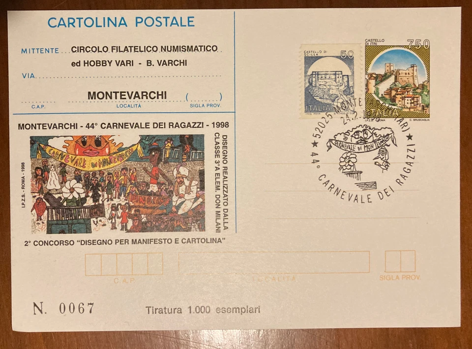 Cartolina Postale Carnevale Di Montevarchi 1998 IPZS Numerata e Annullo Speciale - Immagine 1 di 1