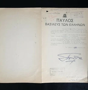 Grecia Rey Pablo I Firmado Autógrafo Documento Real Cartas Patente Realeza Griega - Imagen 1 de 12