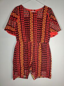African Ankara Wax Print Playsuit Romper Shorts Red Black Yellow Geometric Sz M
