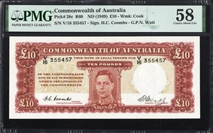 Australia 10 Pounds P28c 1949 Coombs Watt PMG58 Choice aUNC RARE GRADE VALUABLE - Bild 1 von 2