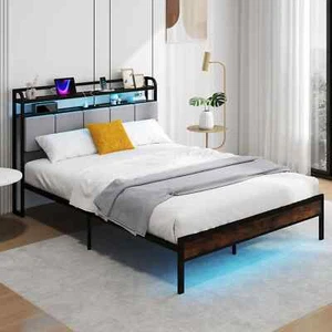 King Size Bed Frame w/ 2-Tier Storage & LED Light-Brown - Picture 1 of 9