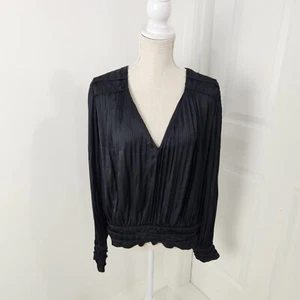 Frame Top Womens XL Black Full V Neck Pleated Smocked Waist Blouse Formal New - Picture 1 of 15