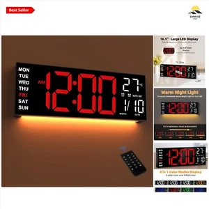 16.5" LED Wall Clock with Night Light, Auto Dimming, 2 Alarms, Remote Timer - Picture 1 of 11