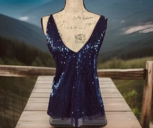 EXPRESS BLUE SEQUINS SLEEVELESS LINED PEEK A BOO BACK TANK TOP SZ L NEW W TAGS - Picture 1 of 9