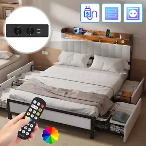 Polsterbett 140x200 Doppelbett Bettgestell mit 4 Schubladen LED Licht USB-Laden - Bild 1 von 14