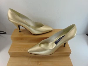 Stuart Weitzman Pointed Toe Gold Metallic Leather High Heel pump 5 B $395.00 - Picture 1 of 8