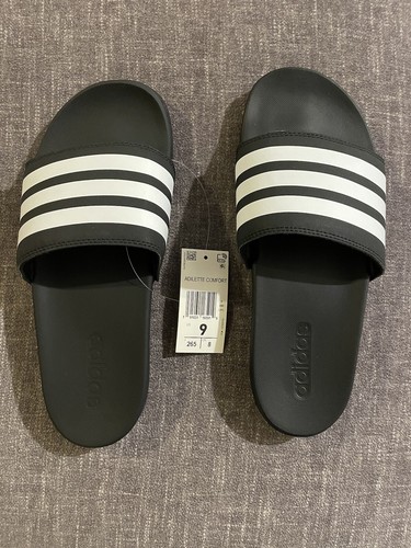 Slides da donna Adidas Adilette Comfort nuove con etichette taglia 9 nere con righe bianche con scatola