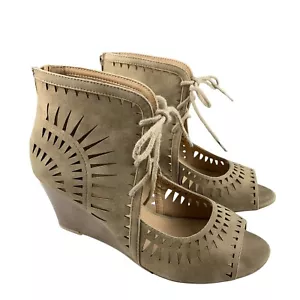 Lane Bryant Women's Wedge Sandals 9 W Tan Faux Suede Laser Cut Peep Toe Lace Up - Picture 1 of 12