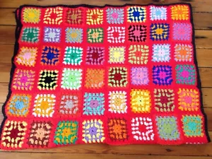 Vtg Handmade Granny Square Afghan Throw Twin Blanket Rainbow Crocheted 46x74 - Picture 1 of 4