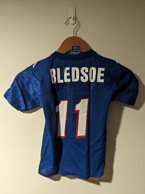 Camiseta deportiva azul grande juvenil Bledsoe de los New England Patriots vintage de los 90 Foto 1 de 4
