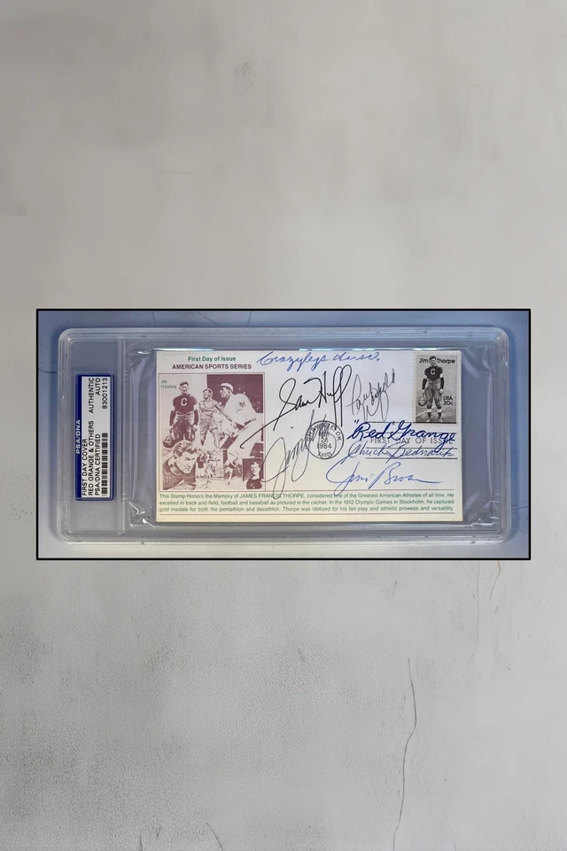 Jim Thorpe FDC signed by Hall of Famers-Brown, Bednarik,Grange, +4-PSA #83001213 - Image 1 of 1