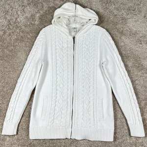 LL Bean Sweater Hoodie Womens L Ivory Cable Knit Full Zip Hooded Pockets - Picture 1 of 12