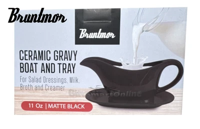Ceramic Gravy Boat & Tray 2pc Set 11oz Matte Black Easy Pour Handle & Spout NEW - Image 1 of 4