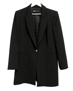 Zara Blazer Womens XL Black Longline Single Button Gold Crest Lined Long Sleeve - Picture 1 of 8