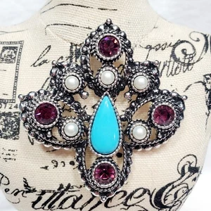 Stunning Sarah Coventry Rhinestone Faux Turquoise Pearl Silver Tone Brooch - Picture 1 of 12