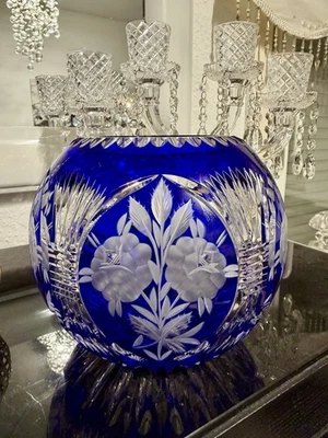 Schönborner Kugel Vase Bleikristall in blauem Überfang 18cm hoch handgefertigt - Bild 1 von 4