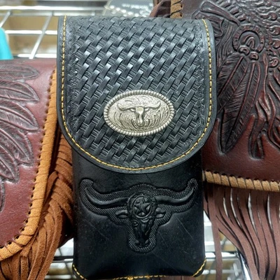 Longhorn Cowboy Belt Loop Phone Holster Black LARGE Genuine Leather Embossed  - Image 1 of 4