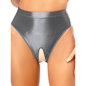 Women Shiny Satin Glossy High Waist Open Crotch Knickers Brief Underwear Panties - Picture 1 of 104