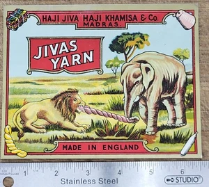 ADVERTISING Label Jivas Yarn British Fabric Label Elephant Lion Tug of War - Picture 1 of 1