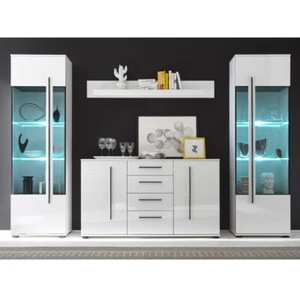 Wohnwand Vitrinen & Sideboard Set weiß Hochglanz weiß m. LED Wandboard Anbauwand - Bild 1 von 7