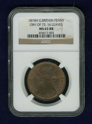 GREAT BRITAIN VICTORIA 1874-H  PENNY COIN, UNCIRCULATED, CERTIFIED NGC MS63-RB - Image 1 of 4