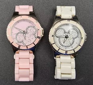 2 Authentic Original Disney Parks Pink & White Mickey Mouse Rhinestone Watches - Picture 1 of 9