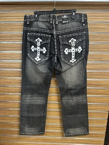 Pantalones de mezclilla Victorious Vintage para hombre de pierna ancha con tachuelas negros descoloridos 38x30 - Imagen 1 de 6