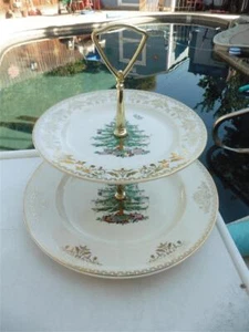 Spode WEIHNACHTSBAUM zwei 2-stufig Leckerbissen Gold Sammlung Tablett Ständer Griff - Bild 1 von 9