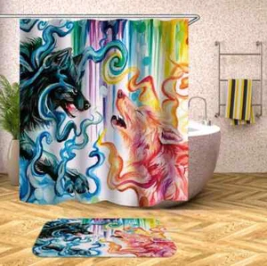Red And Orange Wolf 3D Shower Curtain Polyester Bathroom Decor Waterproof - Picture 1 of 4
