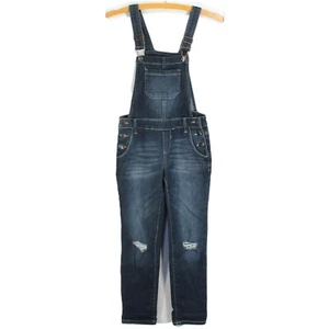 So Bib Overalls Girls Size 8 Dark Wash Blue Jean Distressed Denim Adjustable - Picture 1 of 5