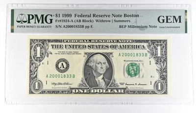 1999 $1 Boston MA FRN Fr#1924-A BEP Millennium Note PMG Fancy Serial *8103 - Image 1 of 3