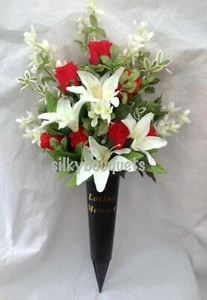 Grave Spike Vase Arrangement Artificial Silk Flower Memorial Tribute Lily Roses - Picture 1 of 6