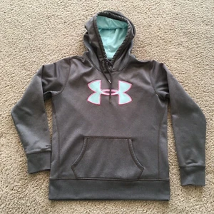 Damen Gr. M Under Armour Pullover grau grün Storm Fleece gefüttert Hoodie Tasche - Bild 1 von 9