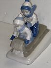Figurine Girl And Boy On Sled Blue And White Porcelana De Cuermavaca Mexico