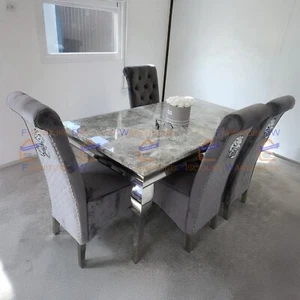 150cm Louis Light Grey Marble Dining Table with 4 Lion Knocker Velvet Chairs Set - Picture 1 of 10