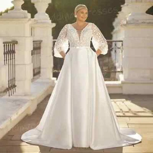 Plus Size A Line Wedding Dresses Satin V Neck Lace Applique Long Sleeve Gowns - Picture 1 of 6