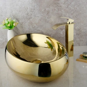 Fregadero de cerámica de oro ovalado de 23" para baño + mezclador en cascada grifo tazón desagüe pop - Imagen 1 de 5