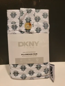 DKNY Pure King Pillowcase Pair 100% Cotton Percale 20" × 40" Green Floral Motif - Picture 1 of 5