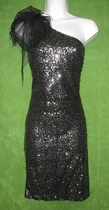 Tahari Brazil Black Sequin Feather One-Shoulder Cocktail Social Dress 2 $159 - Picture 1 of 6