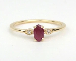 14k Yellow Gold Natural Ruby and Diamonds Minimalist Women Ring Gift For Her - Picture 1 of 6
