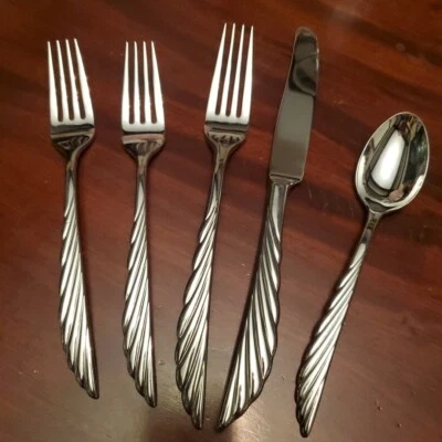 Marchesa Lenox Flatware Pleated Swirl Booster Lot 5 Pieces Forks, Knife, Spoon - Image 1 of 4