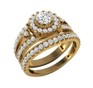 Lab Grown Round Diamond VS F 1.00 Ct Engagement Bridal Ring Set 10K Yellow Gold - Picture 1 of 11